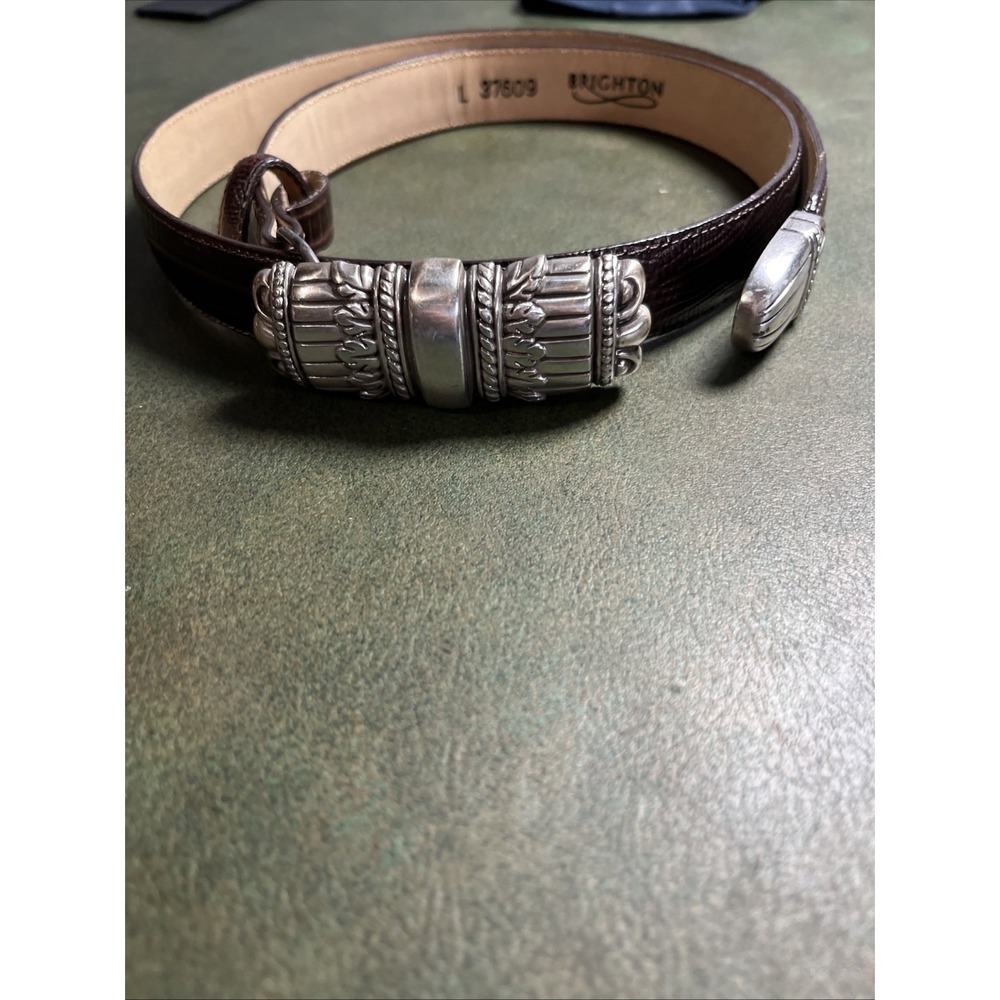 Brighton Women's Brown Croc Leather Silver Buckle Belt Size L  37609  Made in US